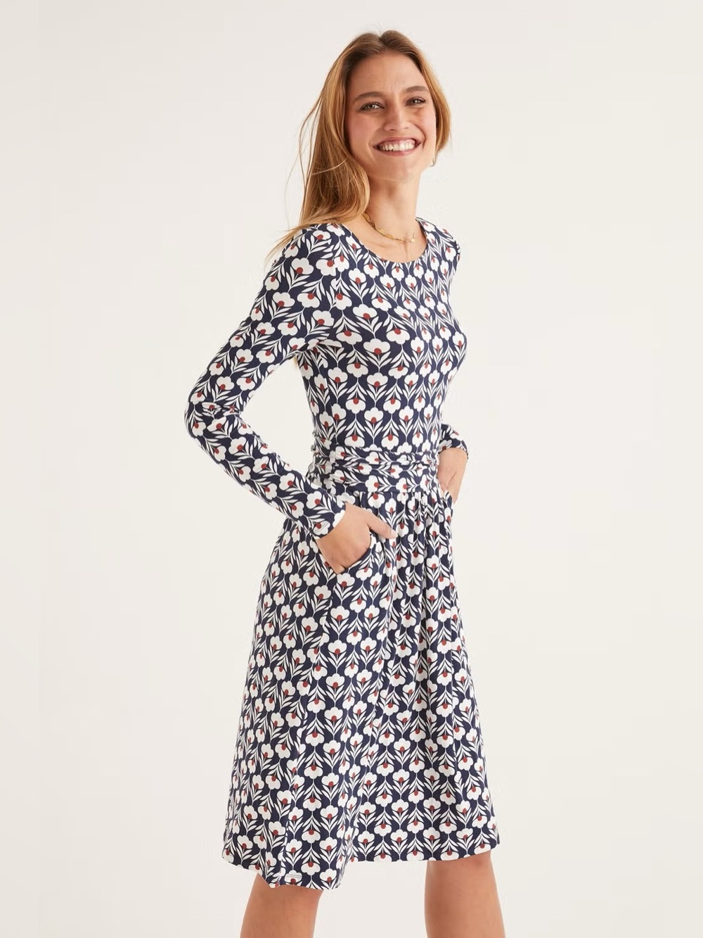 Boden Navy Floral Ruched Waist Cotton Dress Size 6 Runs Small